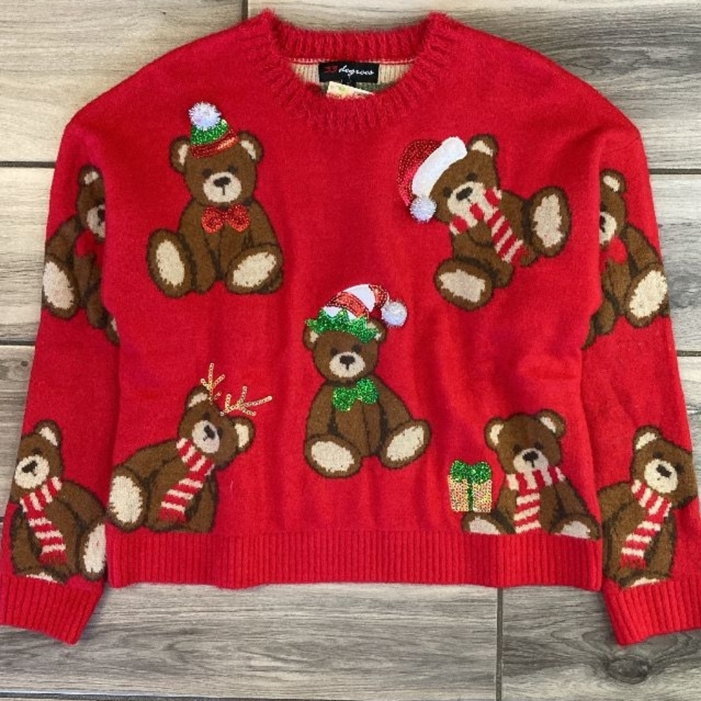 August Silk Red Sweater with Festive Bear Motifs